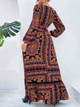 Vestido Longo Estampado étnico boho chic Mullet Decote V Manga longa primavera outono
