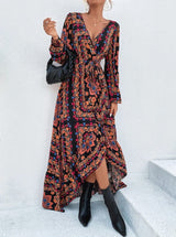 Vestido Longo Estampado étnico boho chic Mullet Decote V Manga longa primavera outono