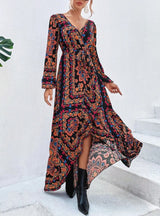 Vestido Longo Estampado étnico boho chic Mullet Decote V Manga longa primavera outono