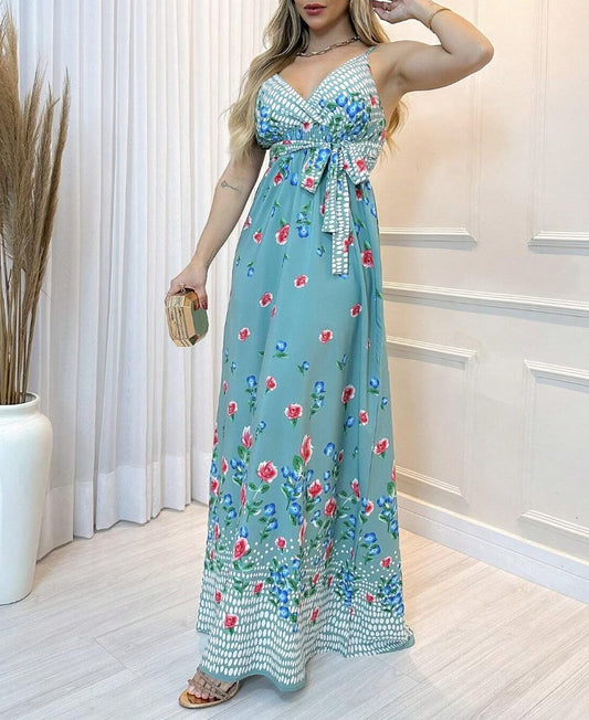 Vestido Longo Floral Decote V Laço alcinha verão azul claro