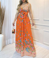 Vestido Longo Floral Decote V Laço alcinha verão elegante laranja