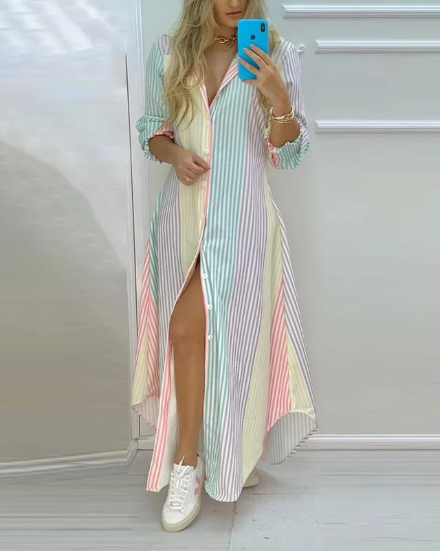 Vestidos Longos Chemise Estampados de Manga listrado colorido 