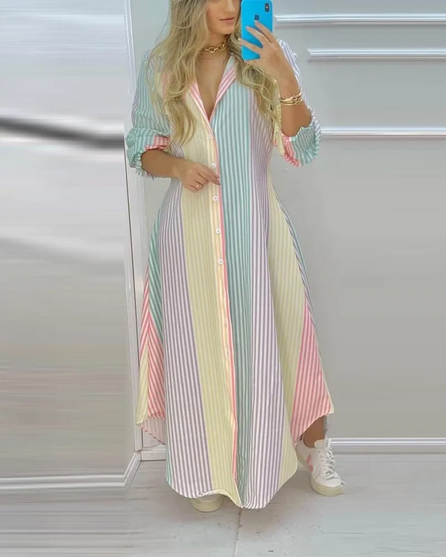 Vestidos Longos Chemise Estampados de Manga listrado colorido 
