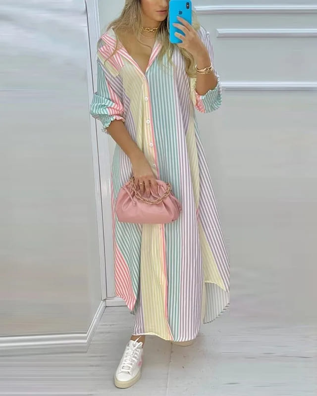 Vestidos Longos Chemise Estampados de Manga listrado colorido plus size