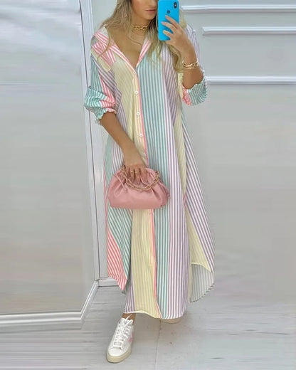 Vestidos Longos Chemise Estampados de Manga listrado colorido plus size