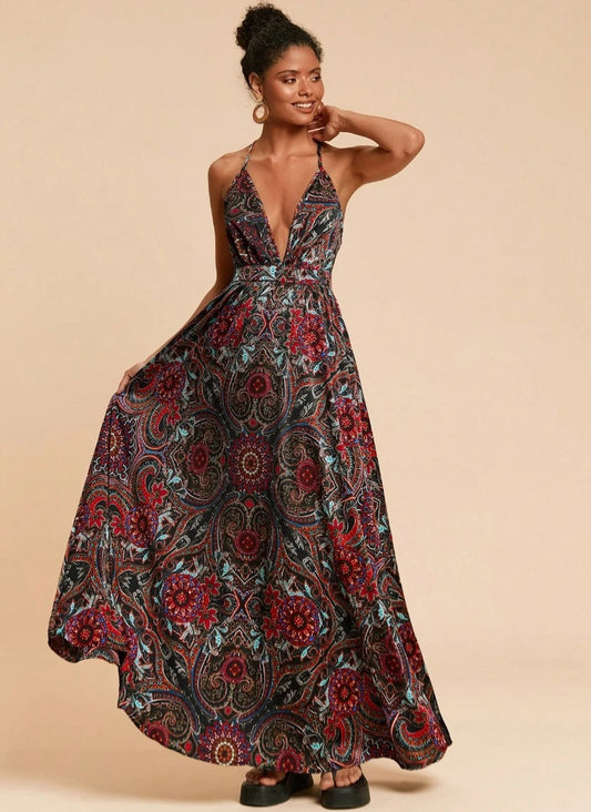 Vestido Longo Estampa Boho Chic Decote profundo Costas nuas indiano elegante sofisticado