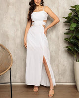 Vestido Longo Cintura Cut-Out de Fenda costas nuas branco viscolinho