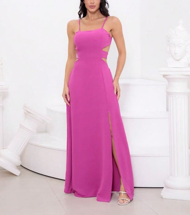 Vestido Longo Cintura Cut-Out de Fenda costas nuas rosa