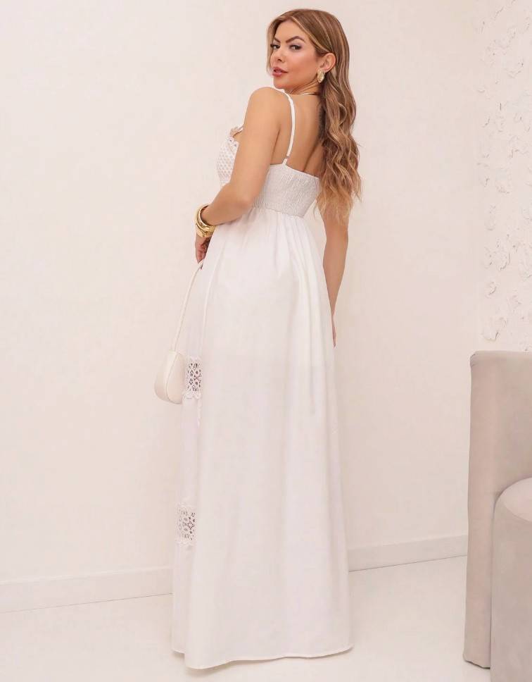 Vestido Longo de Festa Decote V Renda no decote e na cintura acinturado branco