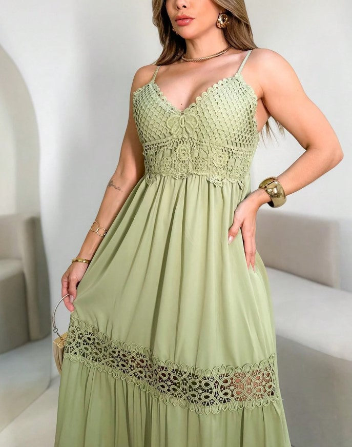 Vestido Longo de Festa Decote V Renda no decote e na cintura acinturado verde claro