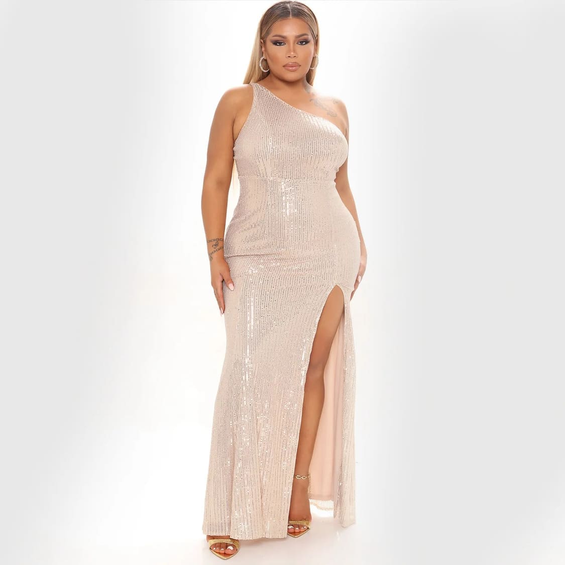 Vestido de Festa Paetês Um Ombro Fenda dourado rosê sensual formatura plus size tamanho grande