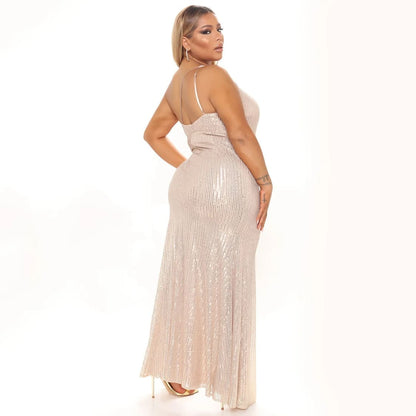 Vestido de Festa Paetês Um Ombro Fenda dourado rosê sensual formatura costas nuas plus size