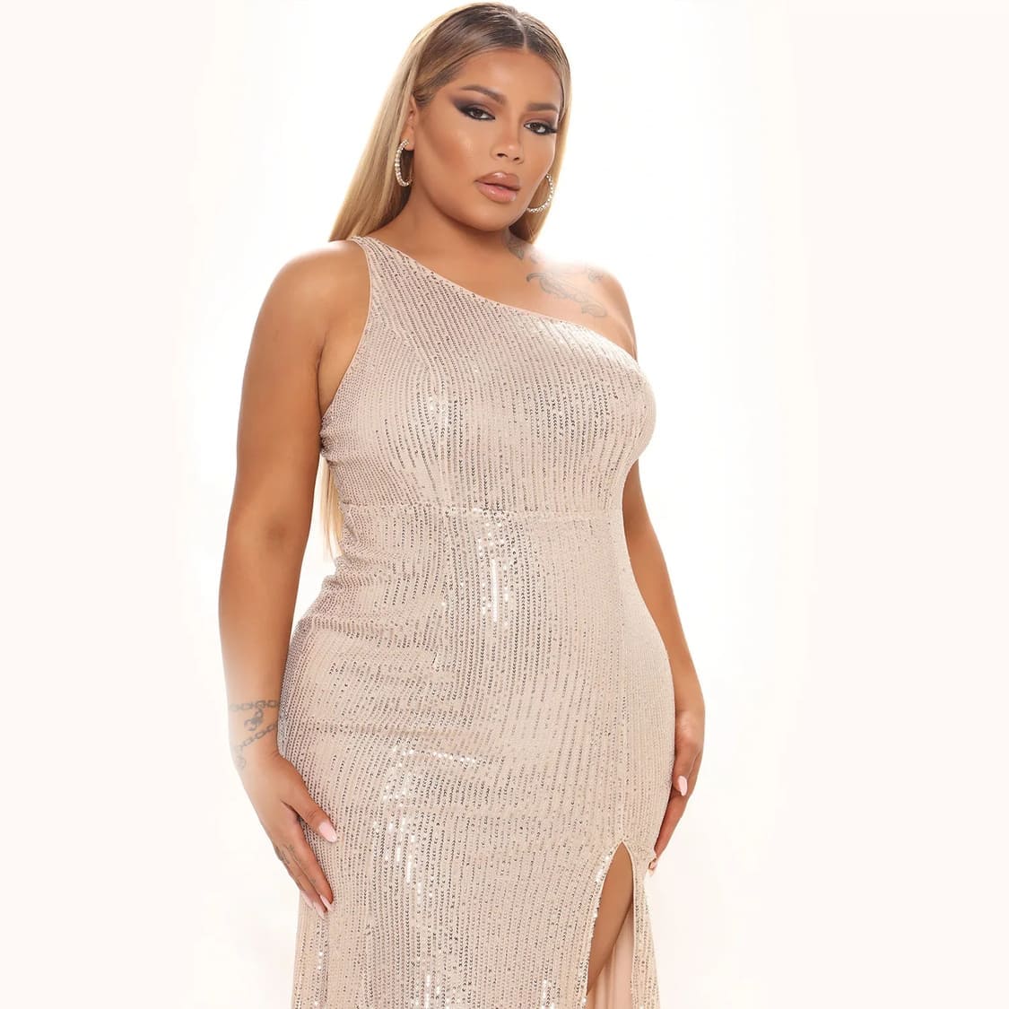 Vestido de Festa Paetês Um Ombro Fenda dourado rosê sensual formatura costas nuas plus size tamanho grande