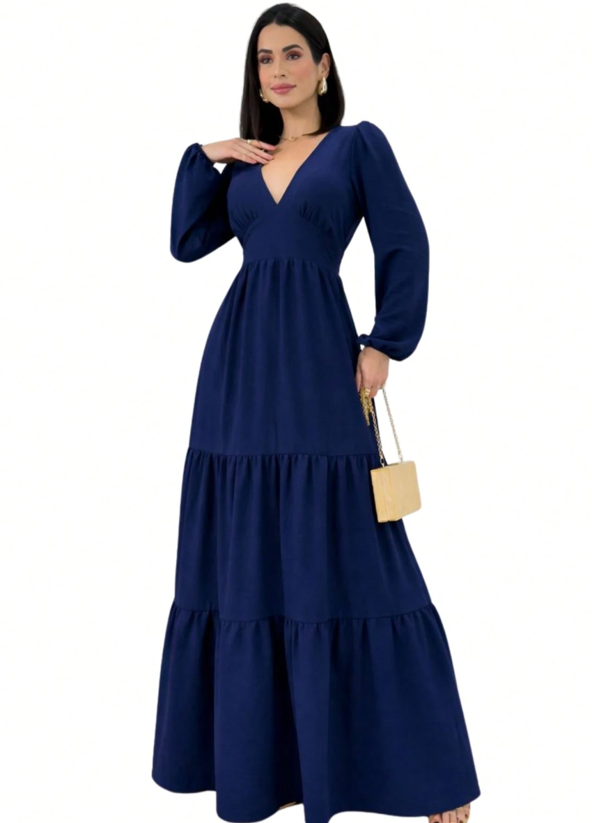 Vestido de Festa Longo Manga Longa Decote V  casamento formatura azul marinho inverno