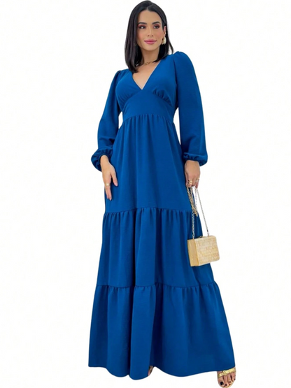 Vestido de Festa Longo Manga Longa Decote V  casamento formatura azul  inverno
