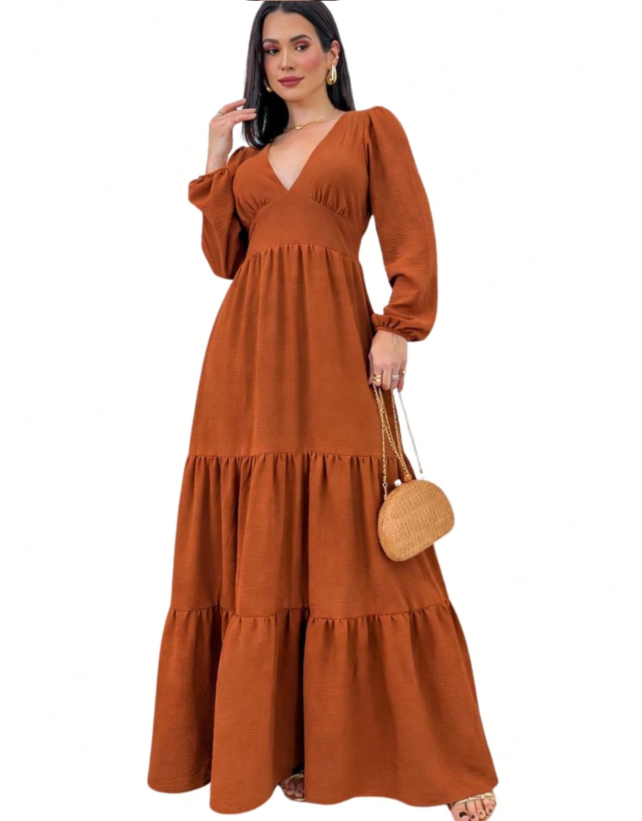 Vestido de Festa Longo Manga Longa Decote V  casamento formatura caramelo inverno