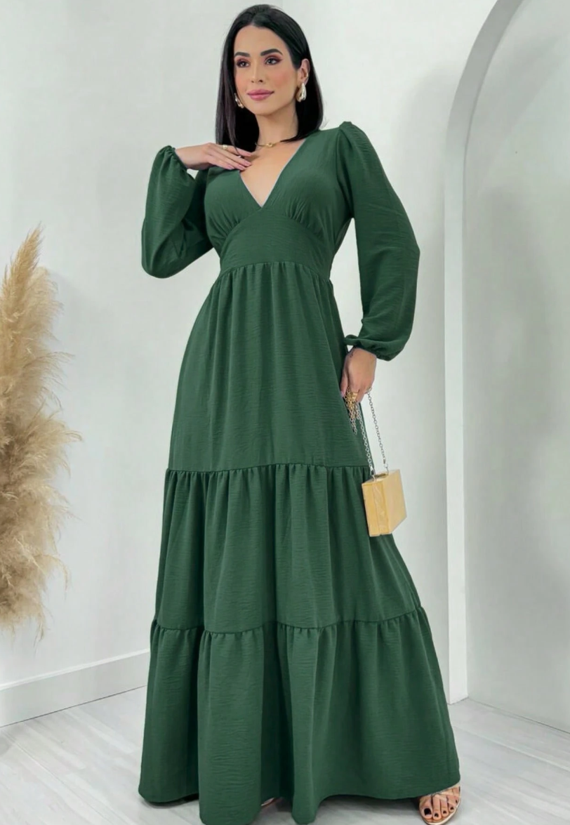 Vestido de Festa Longo Manga Longa Decote V  casamento formatura verde musgo inverno