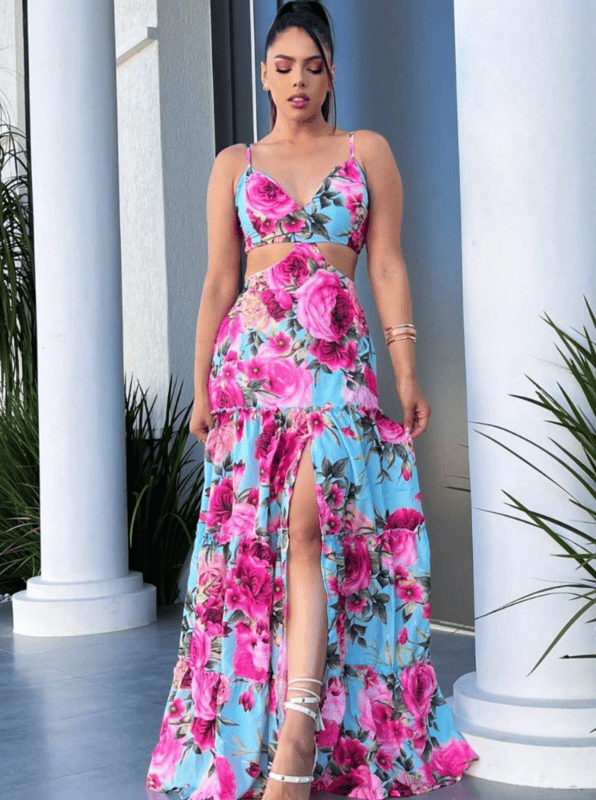 Vestido Longo Estampado Recortes na Cintura Verão azul com print rosas alcinha sensual fenda