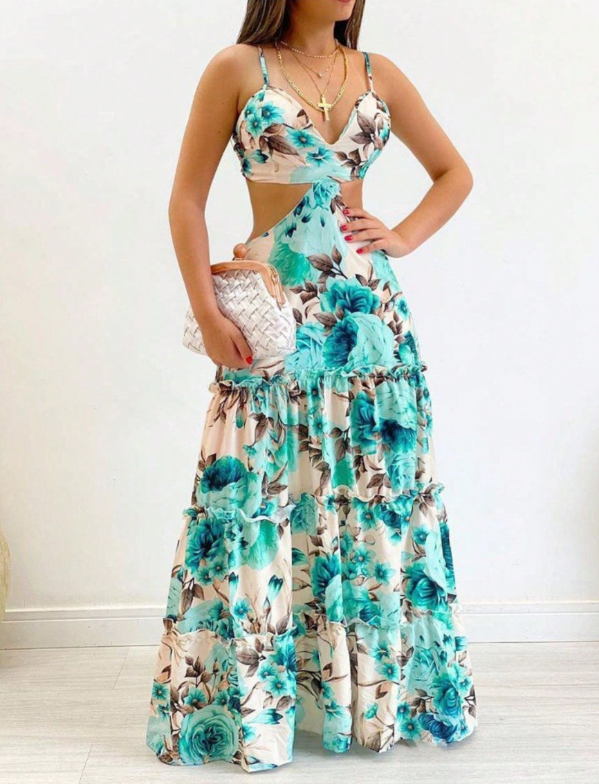 Vestido Longo Estampado Recortes na Cintura Verão azul com print rosas verde água alcinha sensual fenda