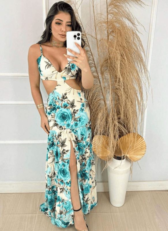 Vestido Longo Estampado Recortes na Cintura Verão azul com print rosas azul alcinha sensual fenda