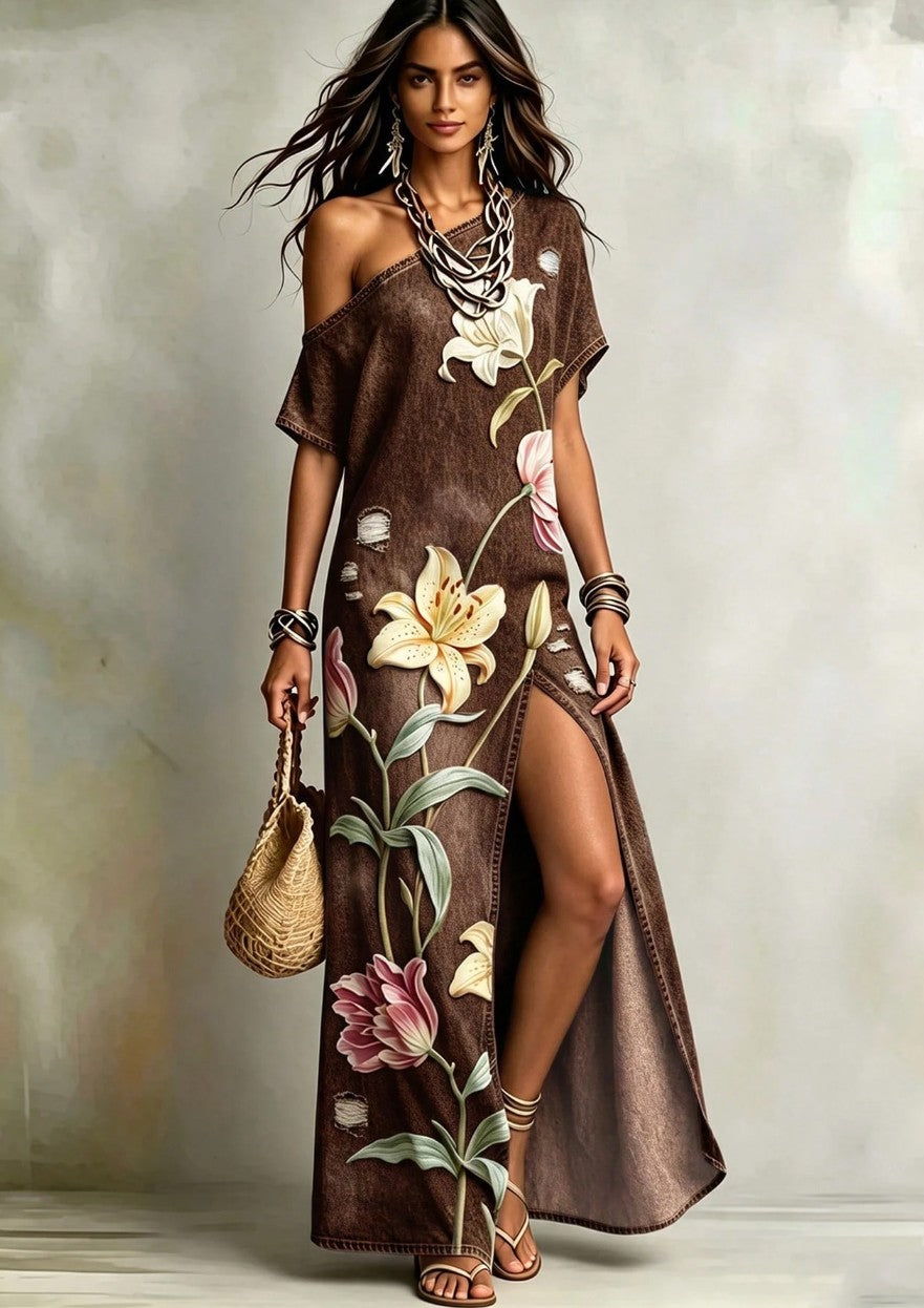 Vestido Longo Floral Print Jeans Boho chic Um Ombro leve meia-estação marrom