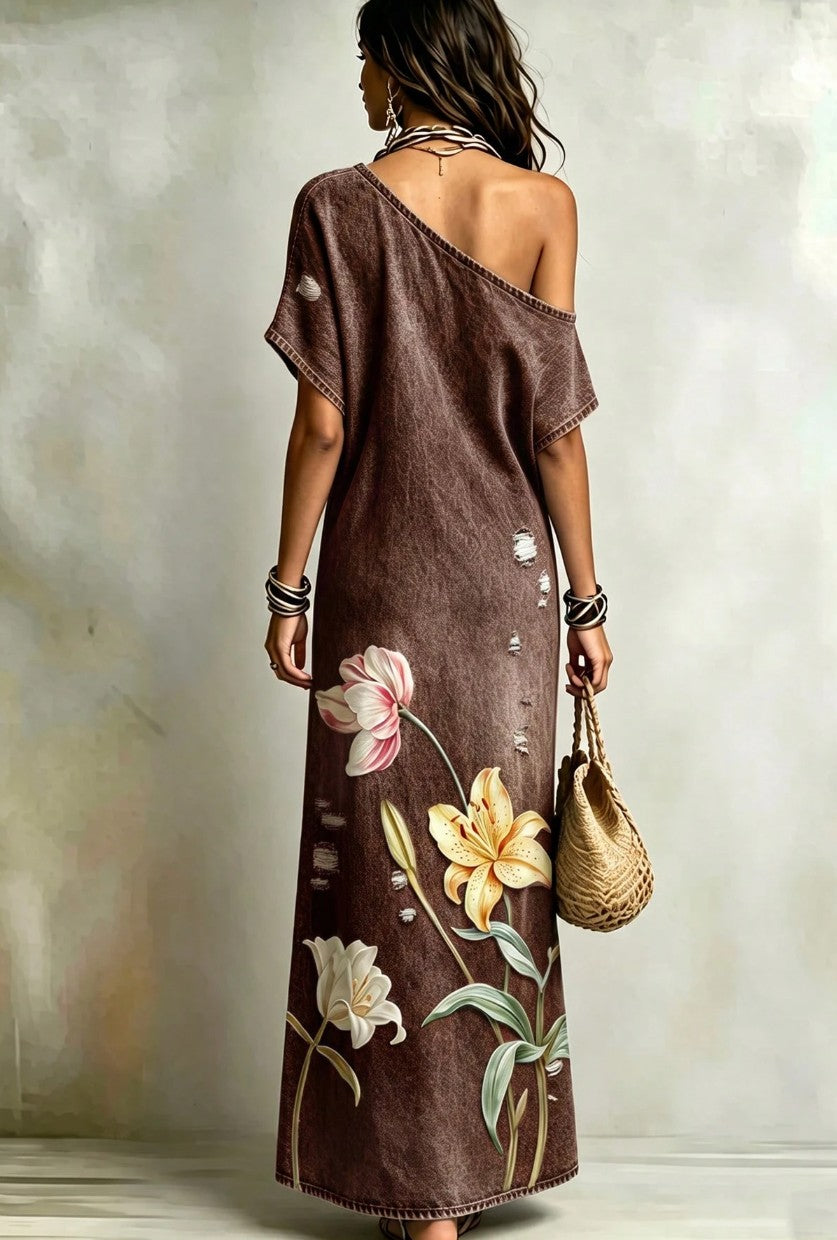 Vestido Longo Floral Print Jeans Um Ombro leve meia-estação marrom