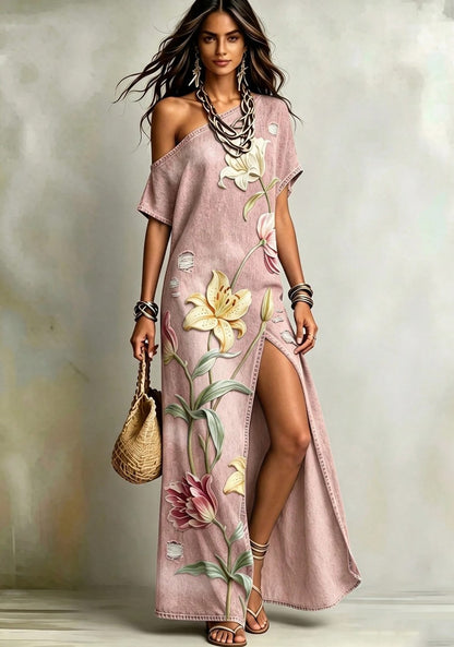 Vestido Longo Floral Print Jeans Um Ombro leve meia-estação rosa claro boho chic