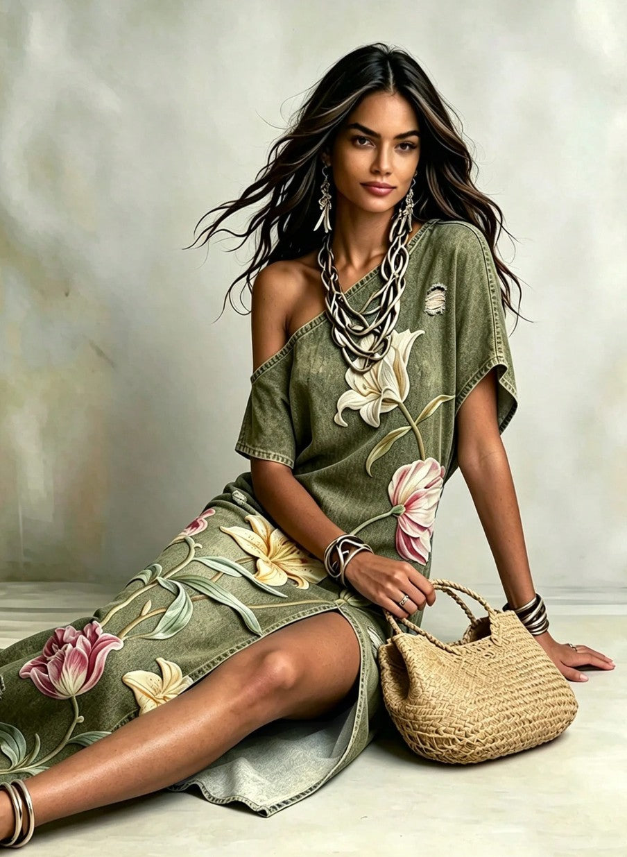 Vestido Longo Floral Print Jeans Um Ombro leve meia-estação verde boho chic