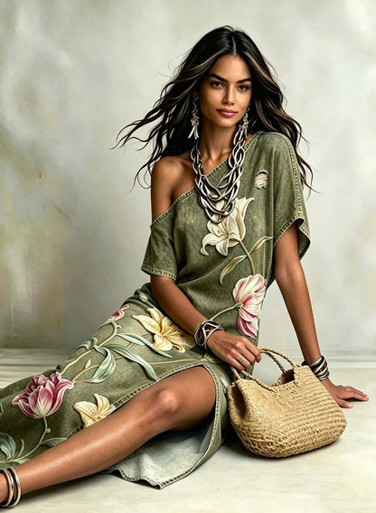 Vestido Longo Floral Print Jeans Um Ombro leve meia-estação verde boho chic