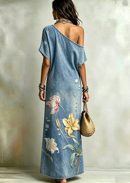 Vestido Longo Floral Print Jeans Um Ombro leve meia-estação azul claro