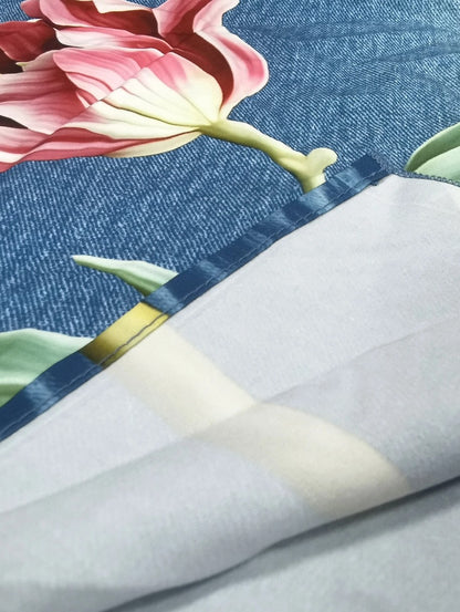 Vestido Longo Floral Print Jeans Um Ombro leve meia-estação azul claro