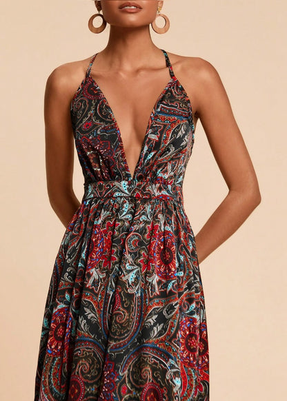 Vestido Longo Estampa Boho Chic Decote profundo Costas nuas indiano elegante sofisticado