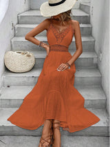 Vestido Longo laranja telha com Renda Costas nuas com amarração Laço