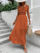Vestido Longo laranja telha com Renda Costas nuas com amarração Laço