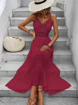 Vestido Longo vermelho vinho com Renda Costas nuas com amarração Laço verão