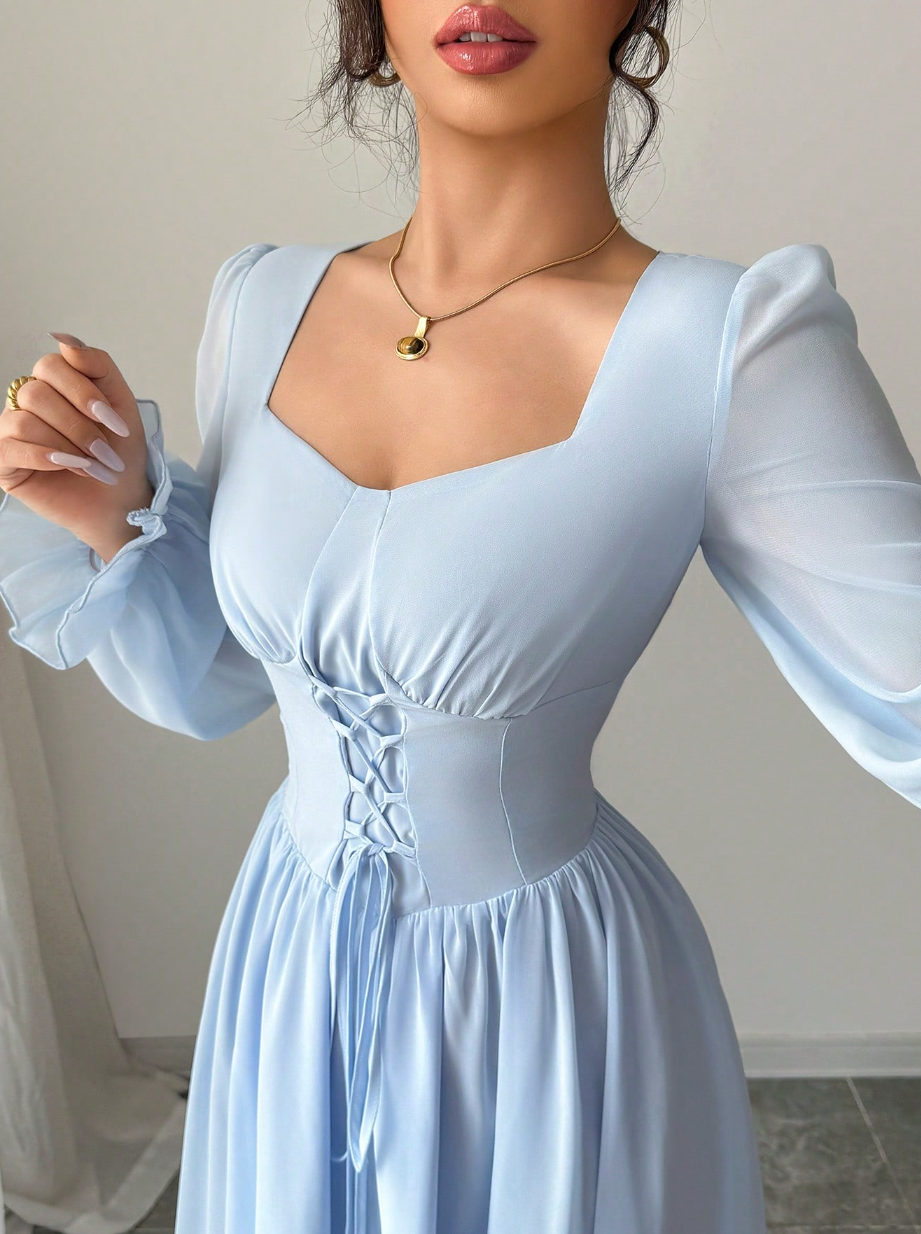 Vestido de Festa Longo retrô casamento  Princesa Manga longa Amarração azul claro serenity