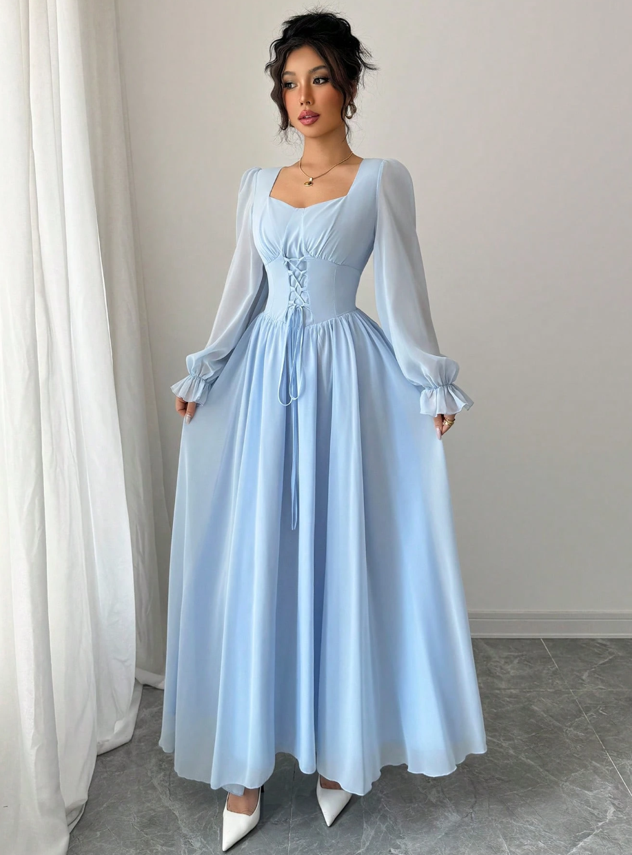 Vestido de Festa Longo retrô casamento  Princesa Manga longa Amarração azul claro serenity