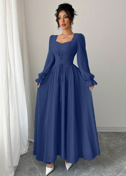 Vestido de Festa Longo retrô Princesa casamento Manga longa Amarração azul marinho