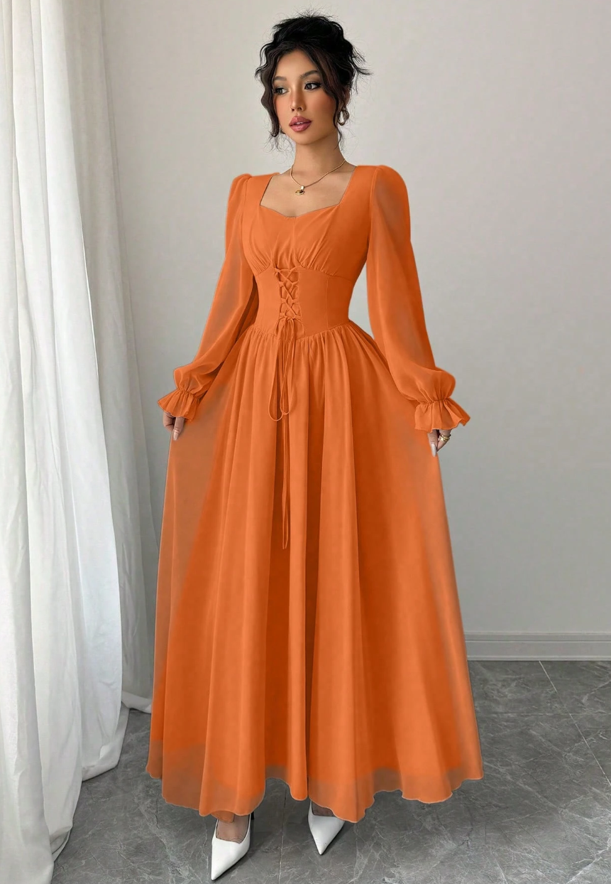 Vestido de Festa Longo retrô casamento  Princesa Manga longa Amarração laranja
