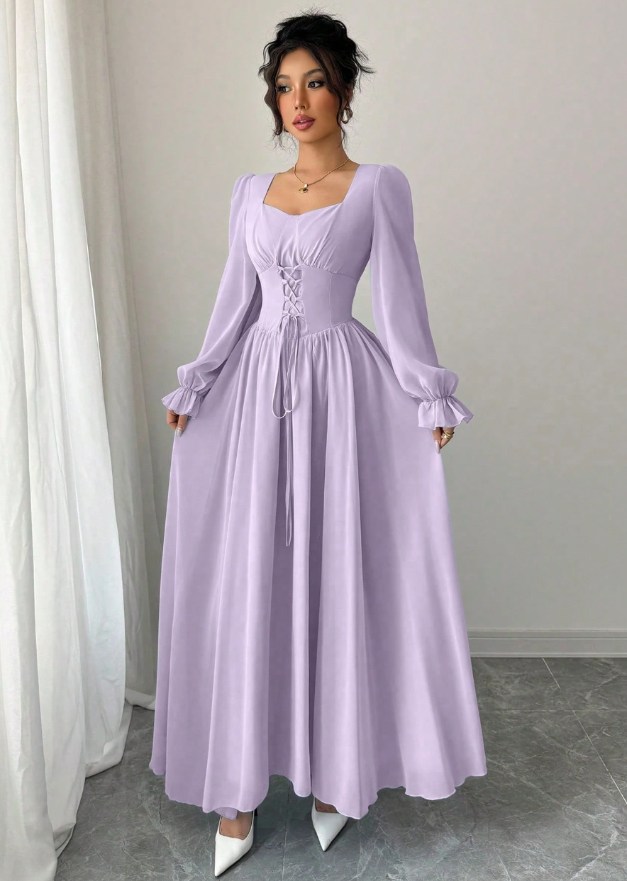 Vestido de Festa Longo retrô casamento  Princesa Manga longa Amarração lilás lavanda