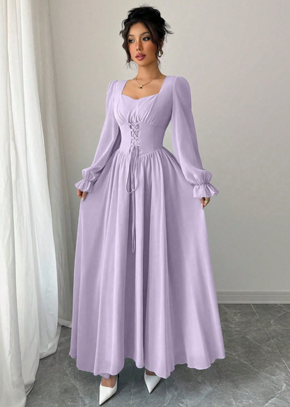 Vestido de Festa Longo retrô casamento  Princesa Manga longa Amarração lilás lavanda