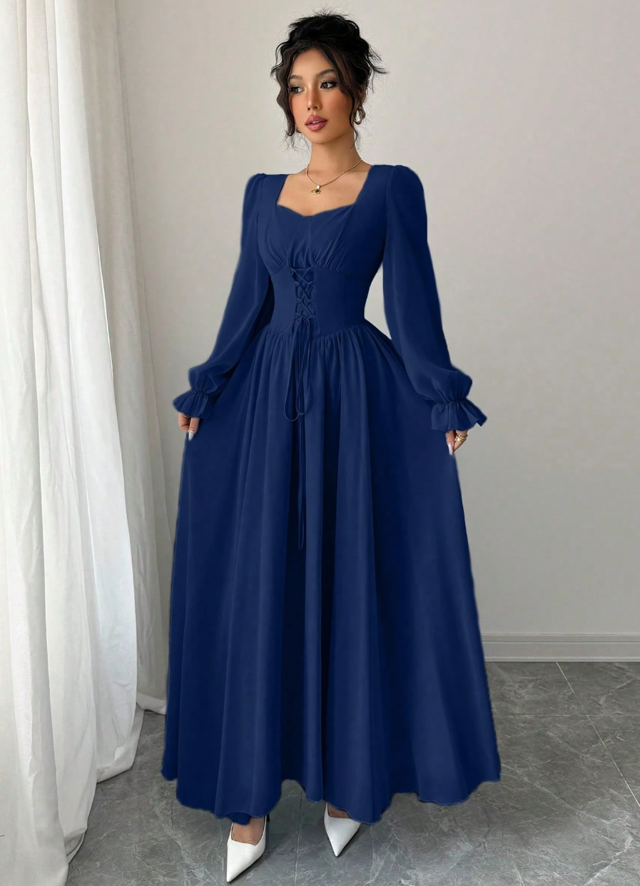 Vestido de Festa Longo retrô casamento  Princesa Manga longa Amarração azul roayl