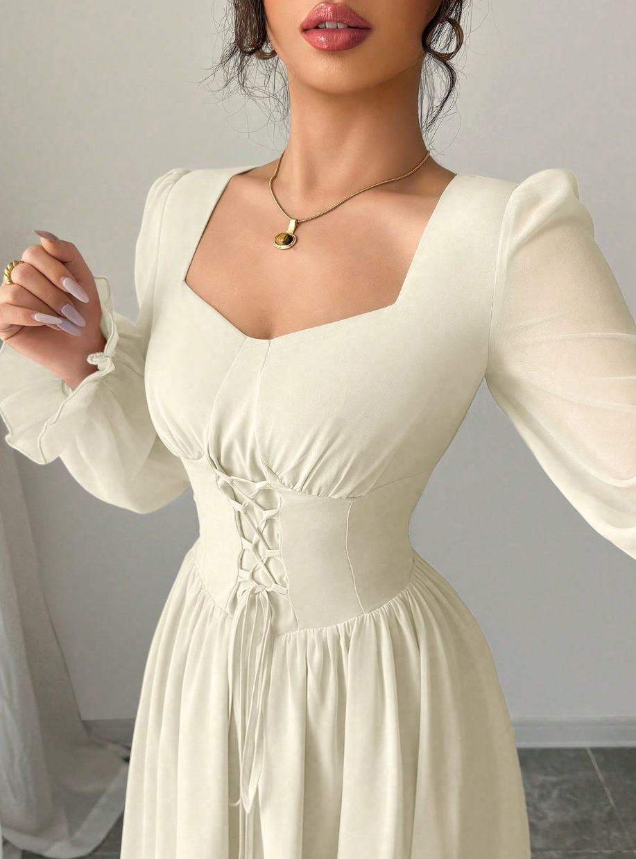 Vestido de Festa Longo retrô Princesa Manga longa Amarração off white    branco casamento 