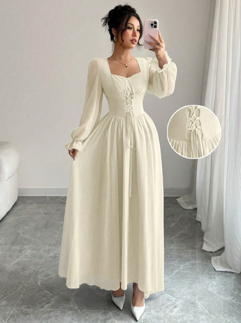 Vestido de Festa Longo retrô Princesa Manga longa Amarração off white casamento branco 