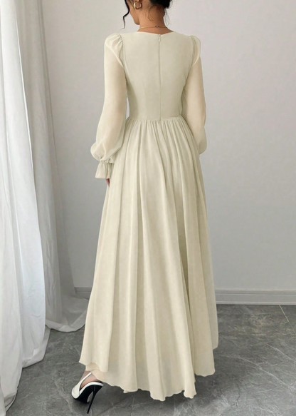 Vestido de Festa Longo retrô Princesa Manga longa Amarração off white casamento branco 