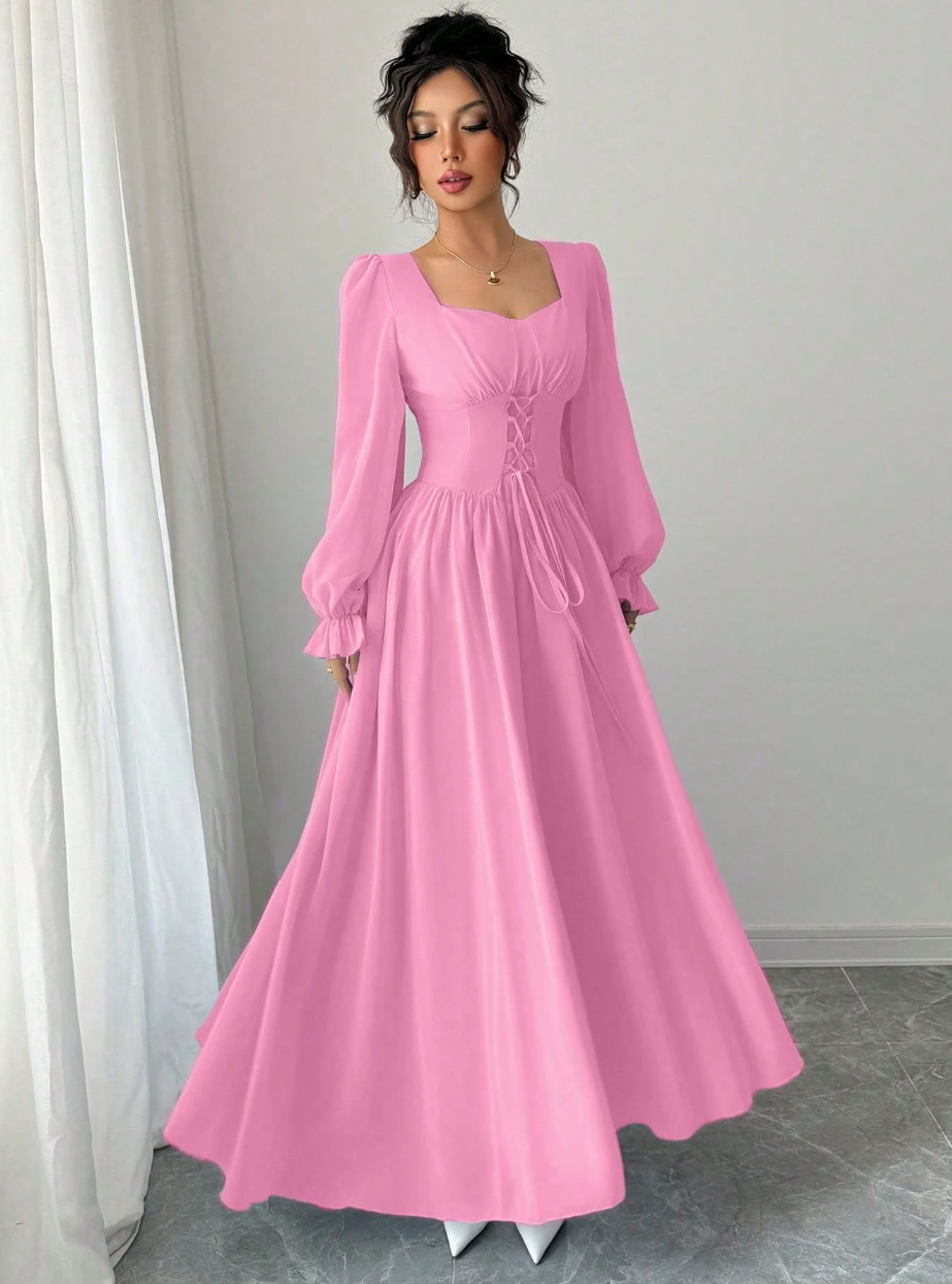 Vestido de Festa Longo retrô casamento  madrinha Princesa Manga longa Amarração rosa claro 
