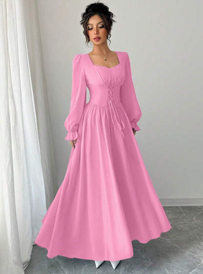 Vestido de Festa Longo retrô casamento  madrinha Princesa Manga longa Amarração rosa claro 