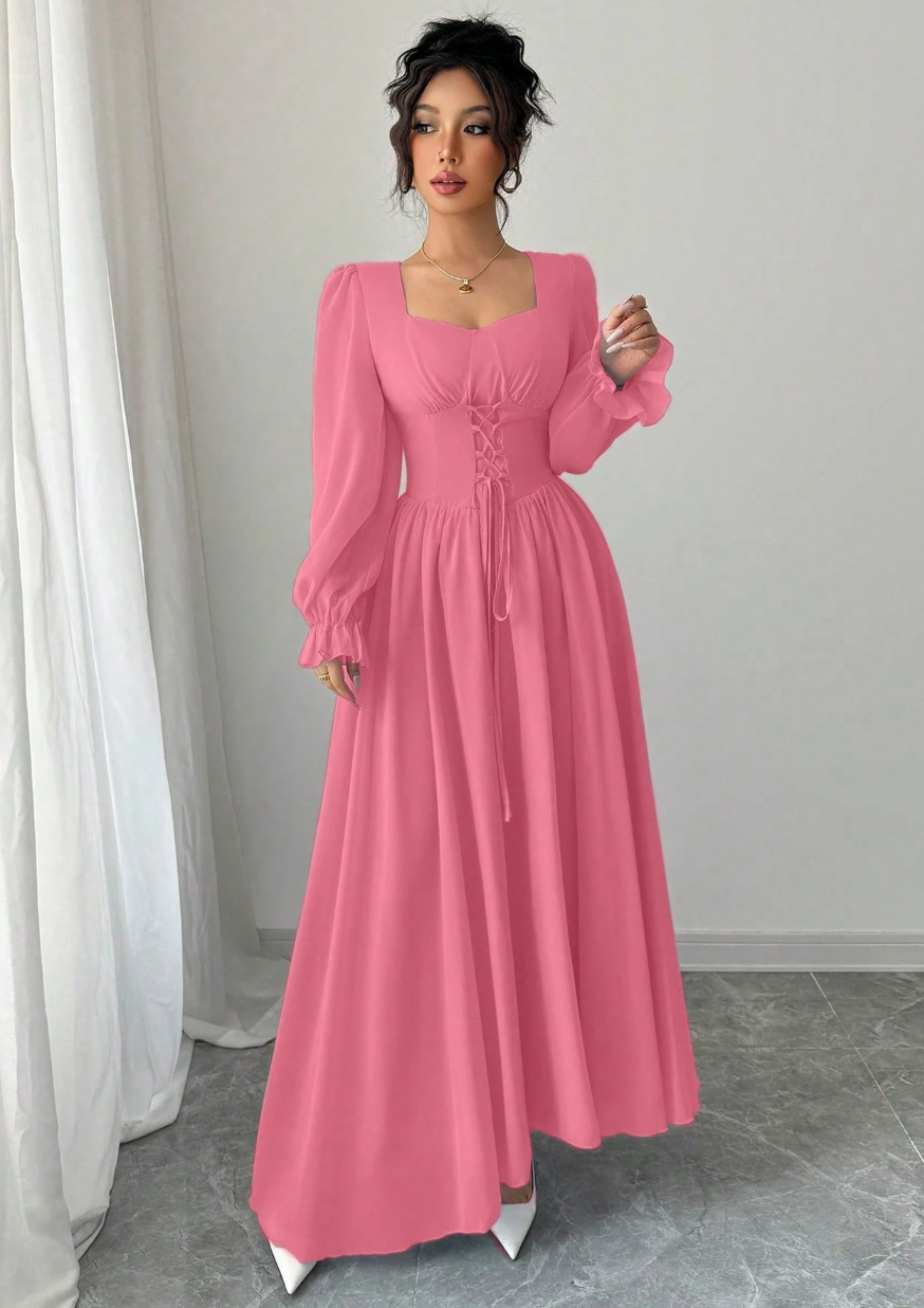 Vestido de Festa Longo retrô casamento  Princesa Manga longa Amarração rosa chiclete