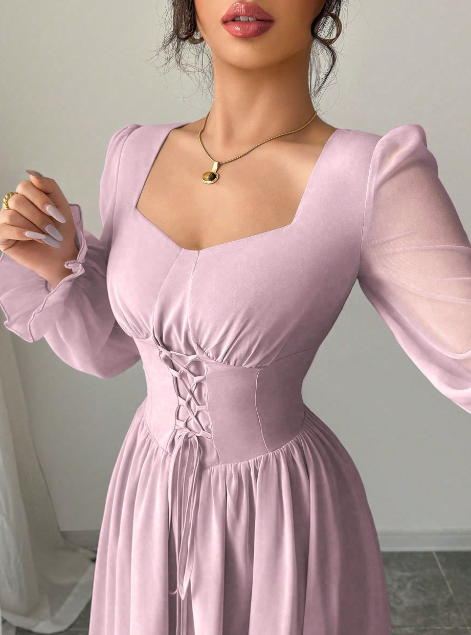 Vestido de Festa Longo retrô Princesa Manga longa Amarração casamento rosê