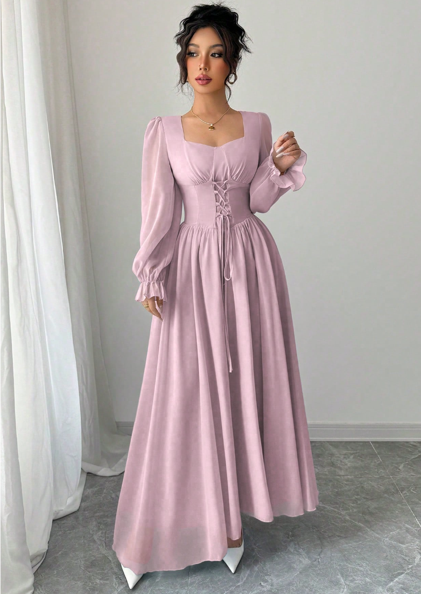 Vestido de Festa Longo retrô Princesa Manga longa Amarração casamento rosê